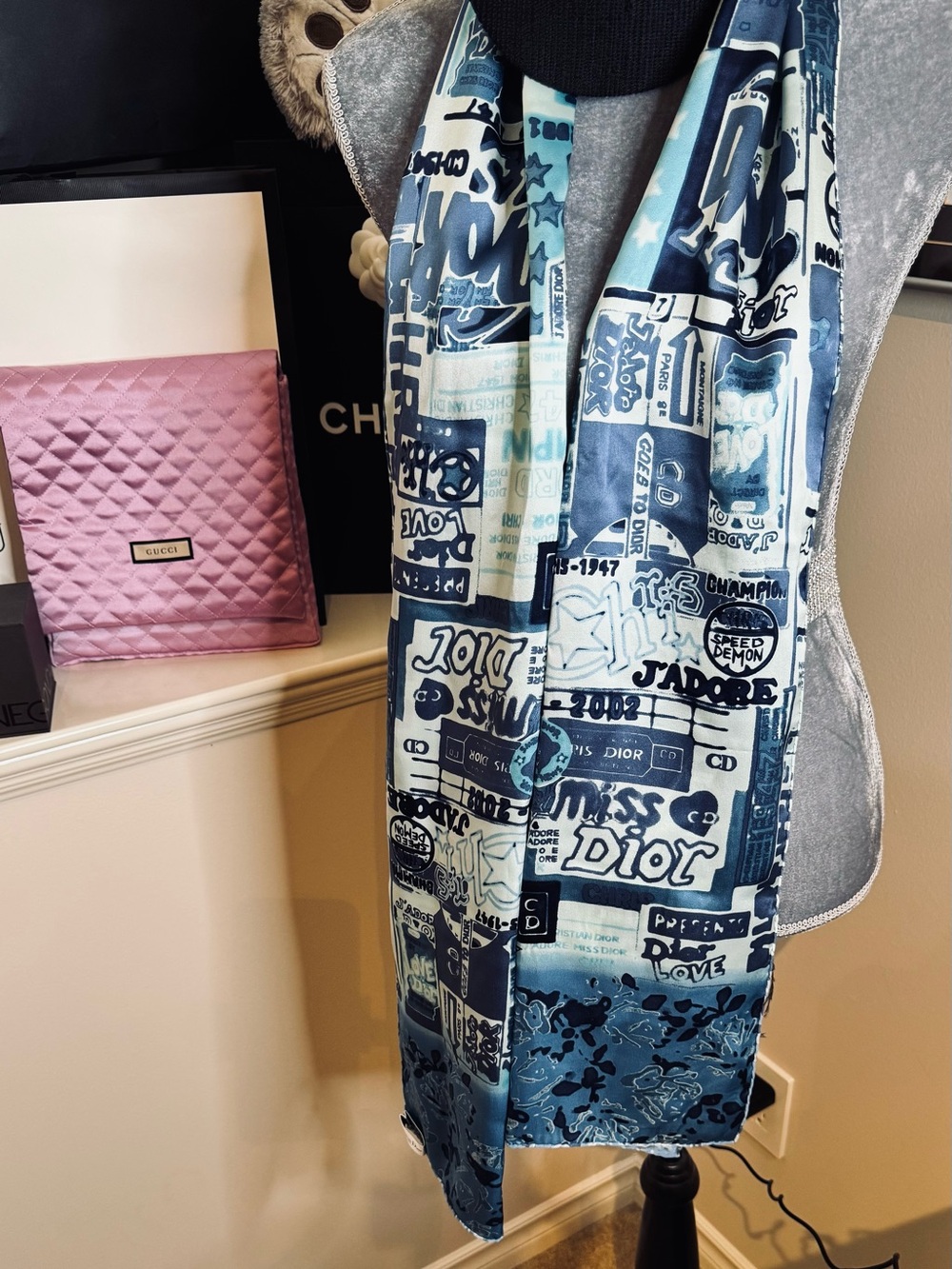 Vintage Dior Galliano Blue Graphic Print Silk Scarf